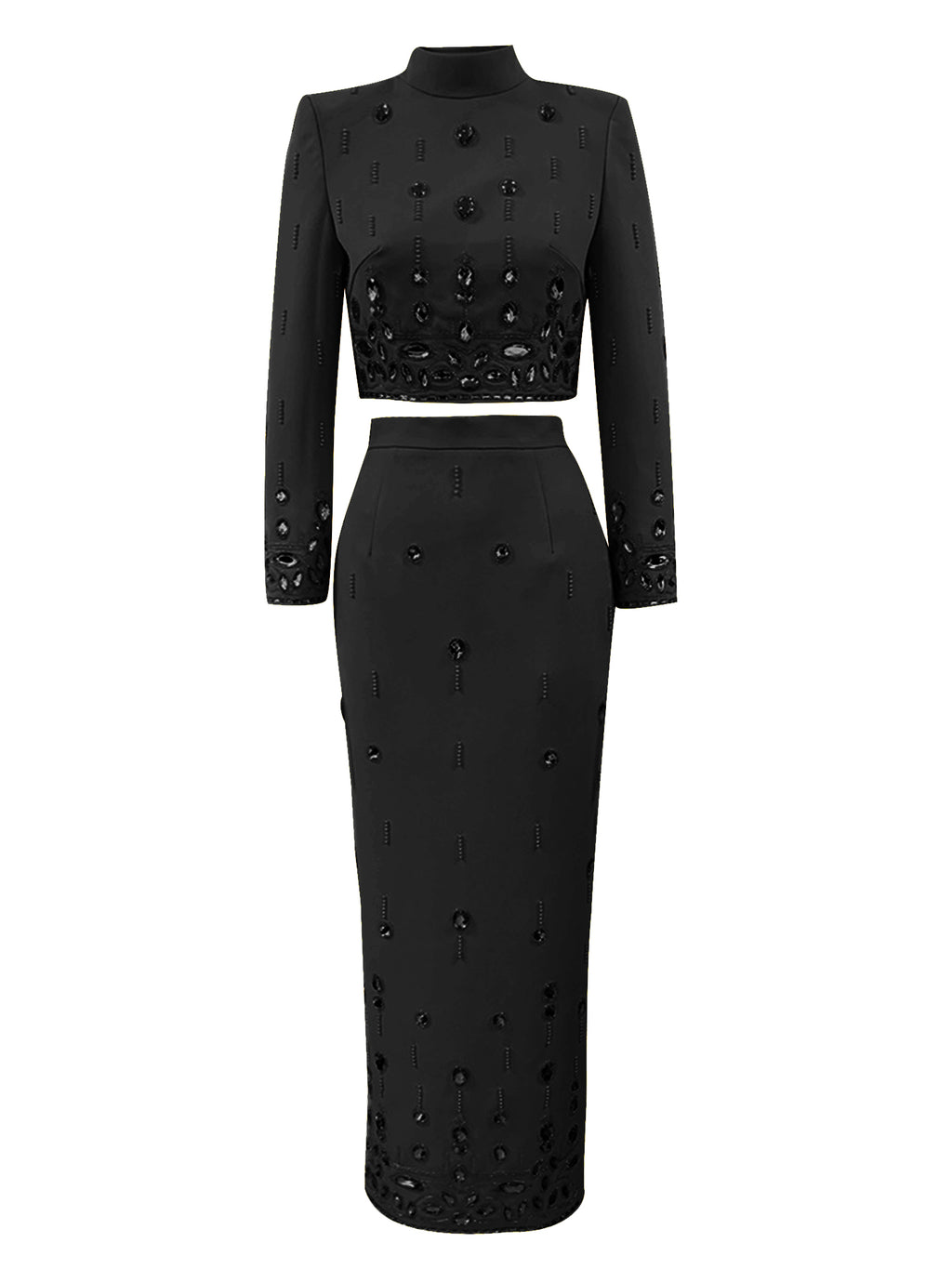 Women Rhinestone Embellished Two Piece Set Long Sleeve Crop Top And Maxi Skirt Formal Party Outfit
