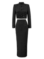Women Rhinestone Embellished Two Piece Set Long Sleeve Crop Top And Maxi Skirt Formal Party Outfit