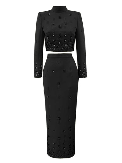 Women Rhinestone Embellished Two Piece Set Long Sleeve Crop Top And Maxi Skirt Formal Party Outfit