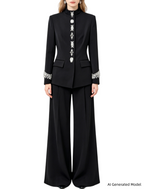 Platlogy Elegant Rhinestone Stand Collar Women Suit Formal Tailored Blazer And Wide Leg Pants Two Piece Outfit For Work Party