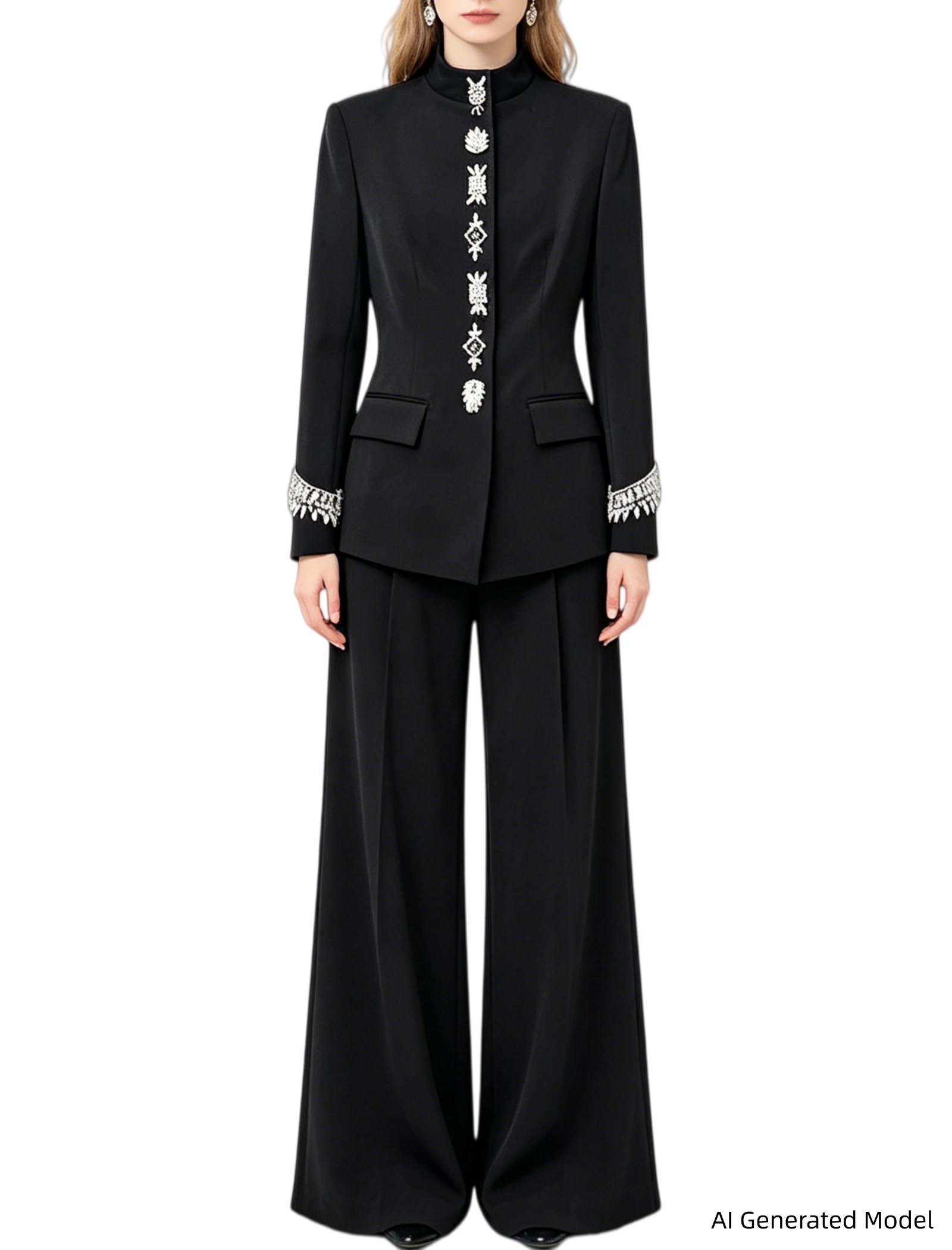 Platlogy Elegant Rhinestone Stand Collar Women Suit Formal Tailored Blazer And Wide Leg Pants Two Piece Outfit For Work Party