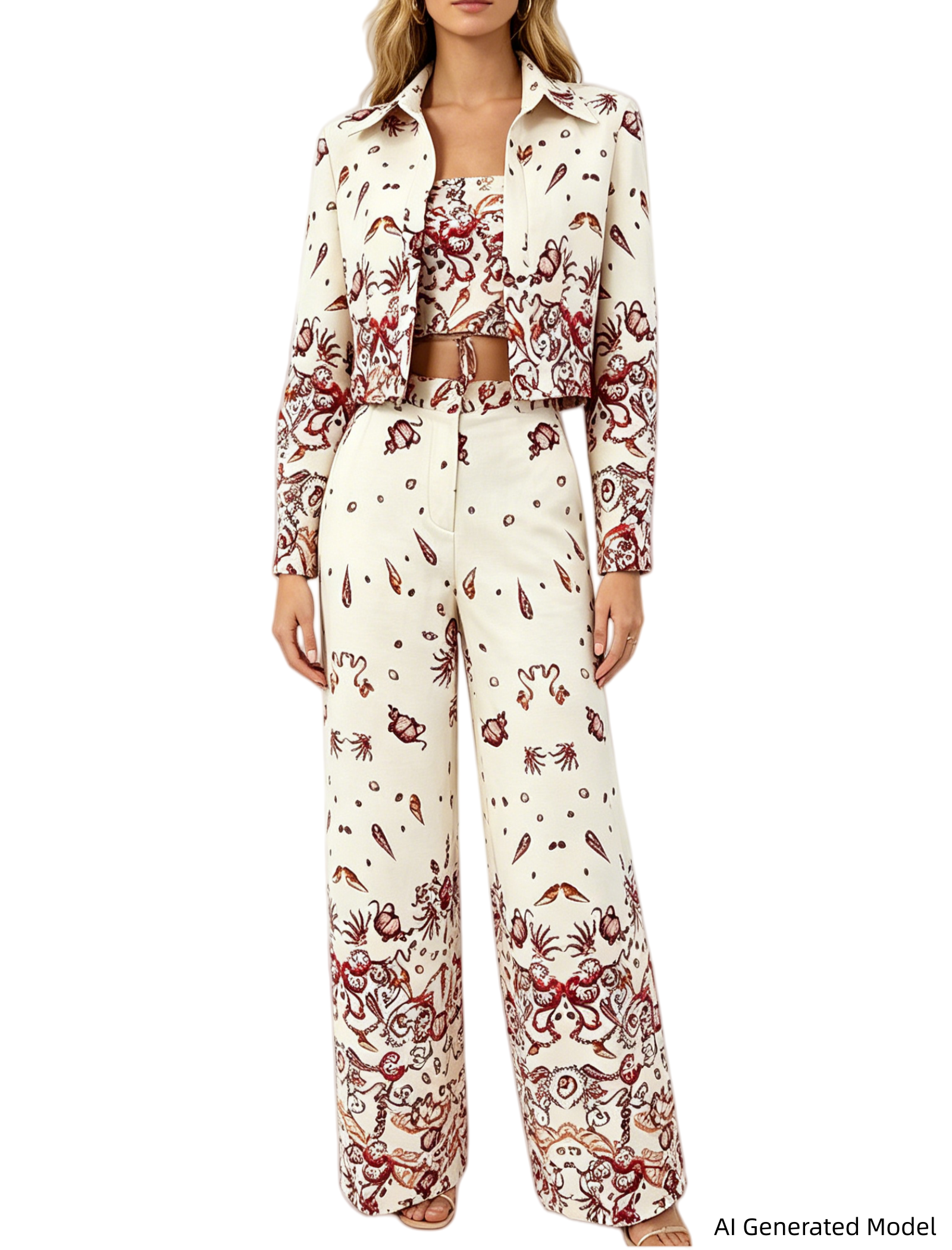 Platlogy Vintage Marine Print Three Piece Women Suit Cropped Blazer Cami Top Wide Leg Pants Elegant Casual Outfit Set