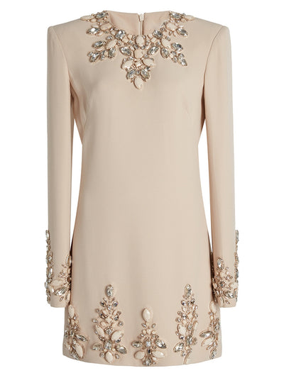 platlogy Women's Fashion Designer Dresses Long Sleeve Stunning Rhinestone Diamonds Beaded Dress