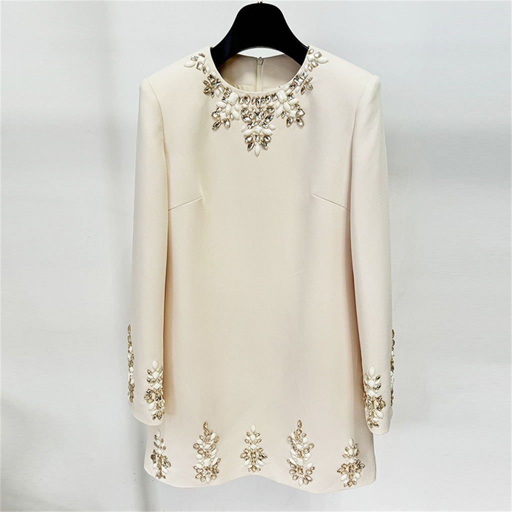 platlogy Women's Fashion Designer Dresses Long Sleeve Stunning Rhinestone Diamonds Beaded Dress