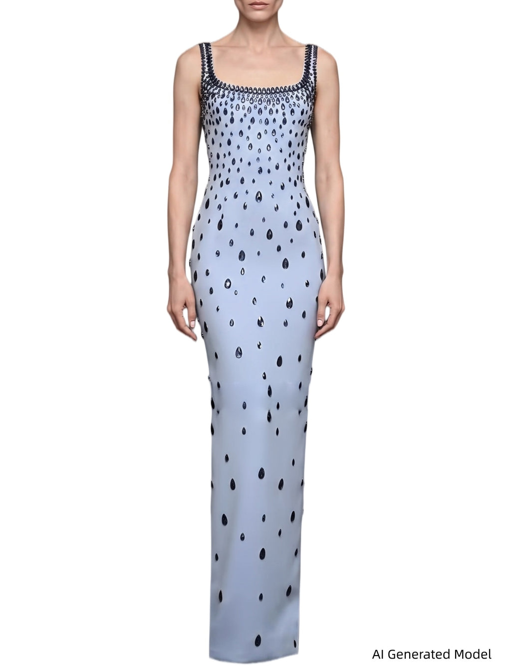Platlogy Light Blue Rhinestone Sleeveless  Bodycon Dress Formal Evening Party Dress