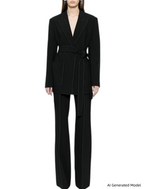 Platlogy Elegant White Belted Blazer Pants Set Stitched Detail Formal Business Two Piece Outfit For Women