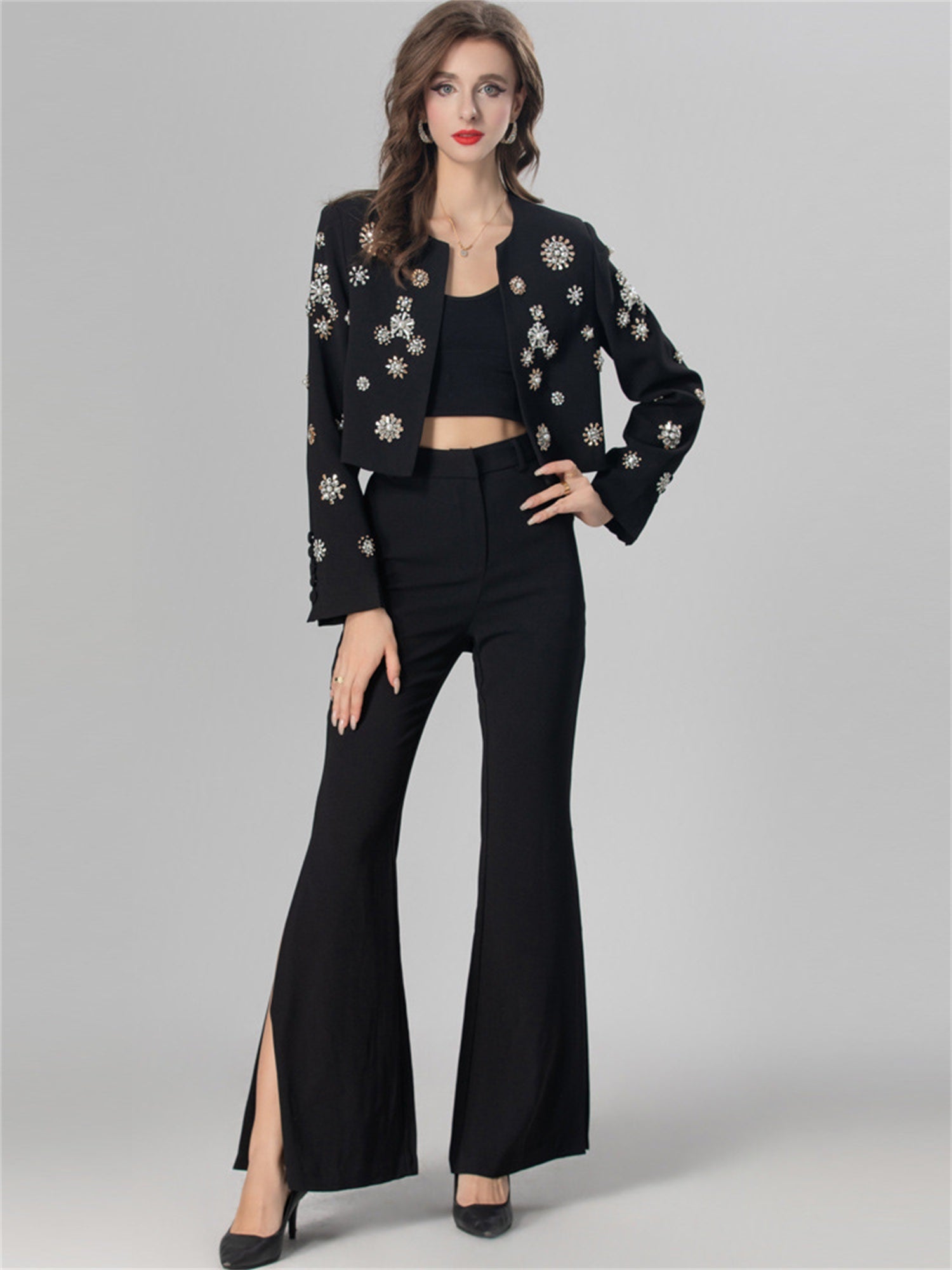 Womens Rhinestone Embellished Cropped Blazer And Flared Pants Two Piece Set