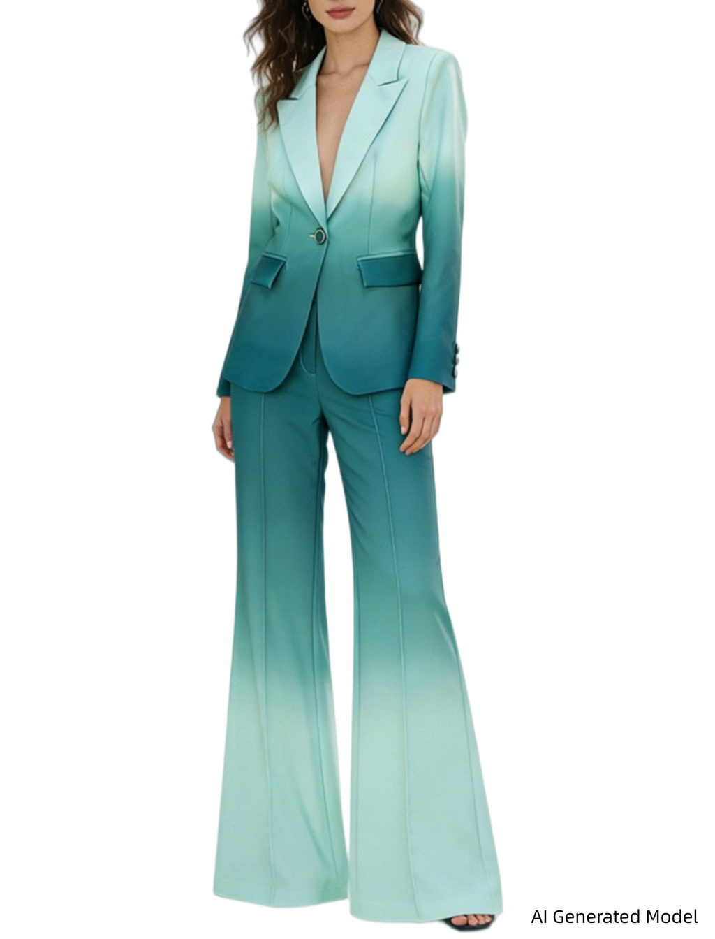 Platlogy Gradient Mint Green Two Piece Blazer And Flared Pants Formal Women Suit Set