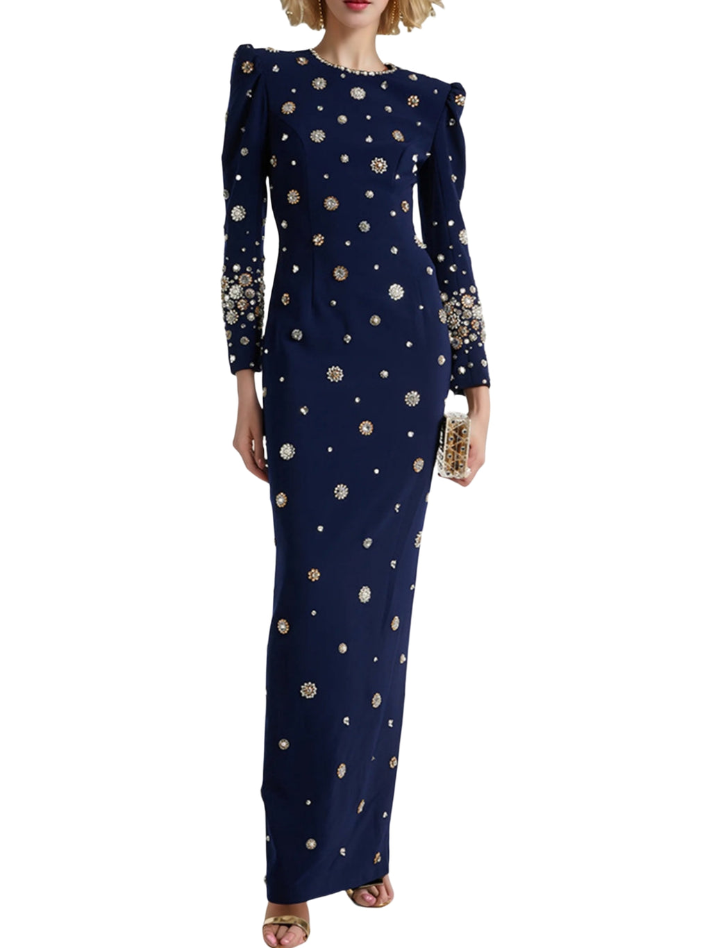 Elegant Beaded Cocktail Dress Crew Neck Slim Fit Midi Dress for Special Occasions