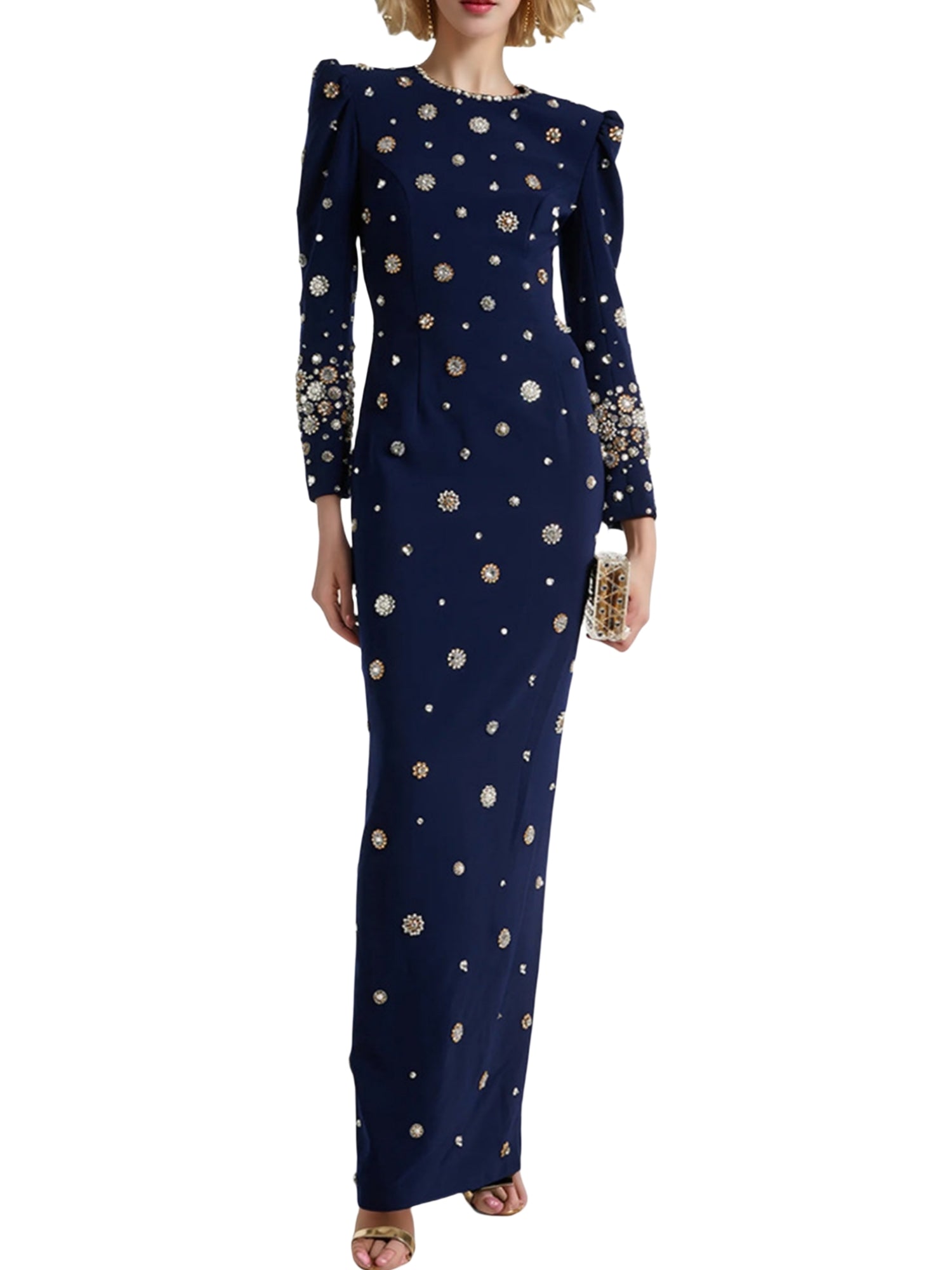 Elegant Beaded Cocktail Dress Crew Neck Slim Fit Midi Dress for Special Occasions