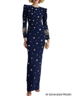 Platlogy Elegant Beaded Cocktail Dress Crew Neck Slim Fit Midi Dress for Special Occasions