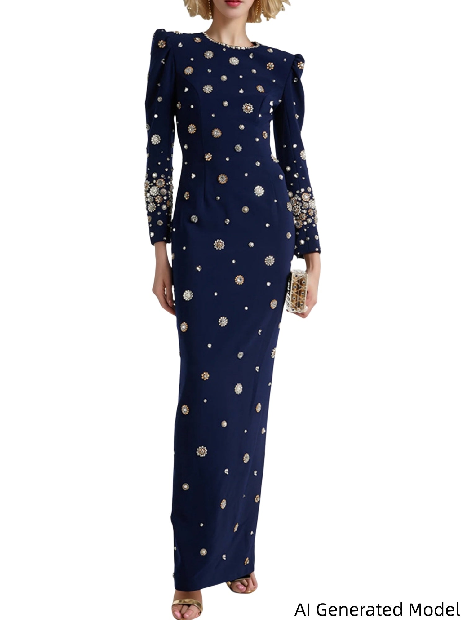 Platlogy Elegant Beaded Cocktail Dress Crew Neck Slim Fit Midi Dress for Special Occasions