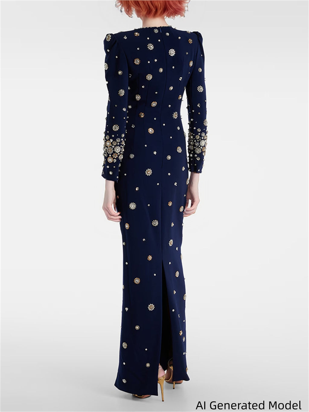 Platlogy Elegant Beaded Cocktail Dress Crew Neck Slim Fit Midi Dress for Special Occasions