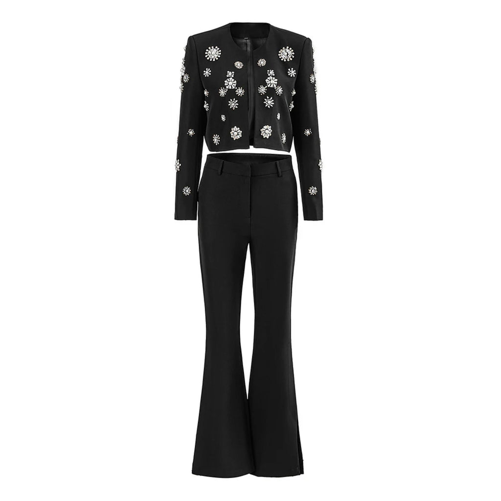 Womens Rhinestone Embellished Cropped Blazer And Flared Pants Two Piece Set
