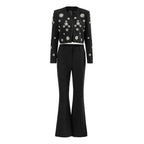 Womens Rhinestone Embellished Cropped Blazer And Flared Pants Two Piece Set
