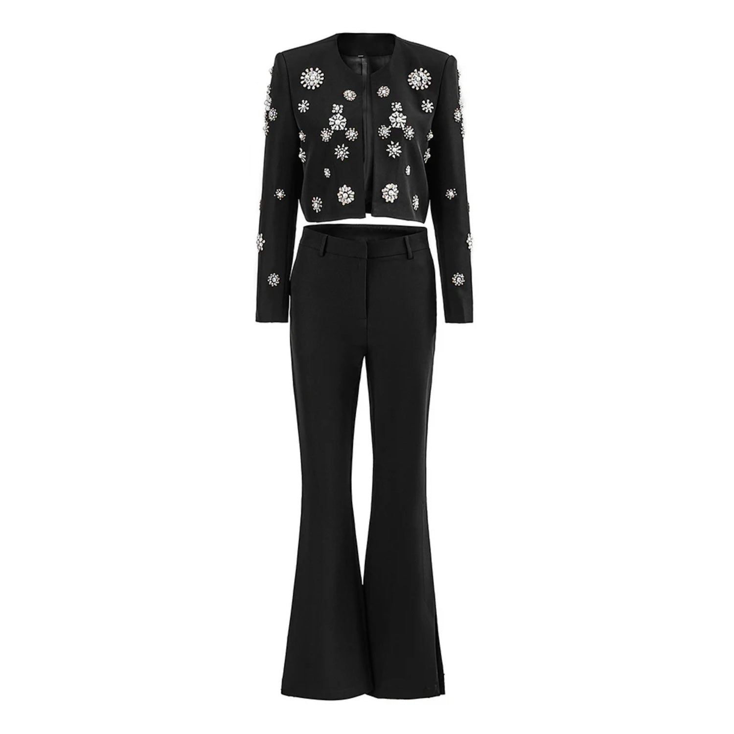 Womens Rhinestone Embellished Cropped Blazer And Flared Pants Two Piece Set