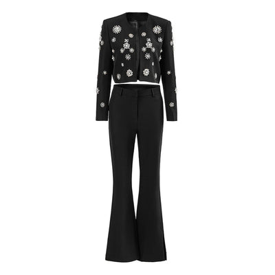 Womens Rhinestone Embellished Cropped Blazer And Flared Pants Two Piece Set