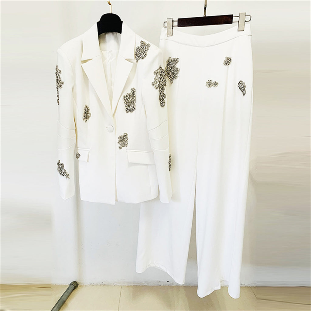 Rhinestone Embellished Tailored Blazer And Pants Two Piece Set