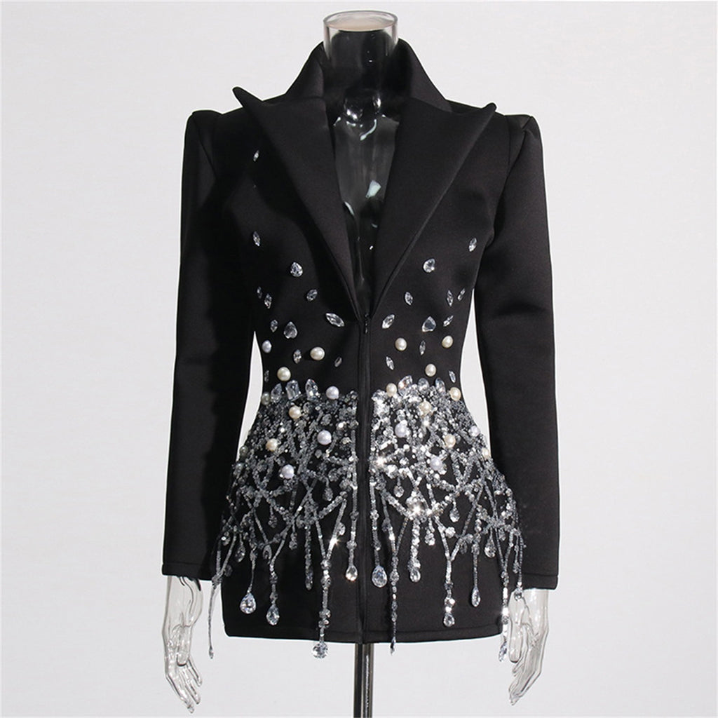 Luxury Beaded And Rhinestone Bodycon Blazer Dress For Formal Occasions