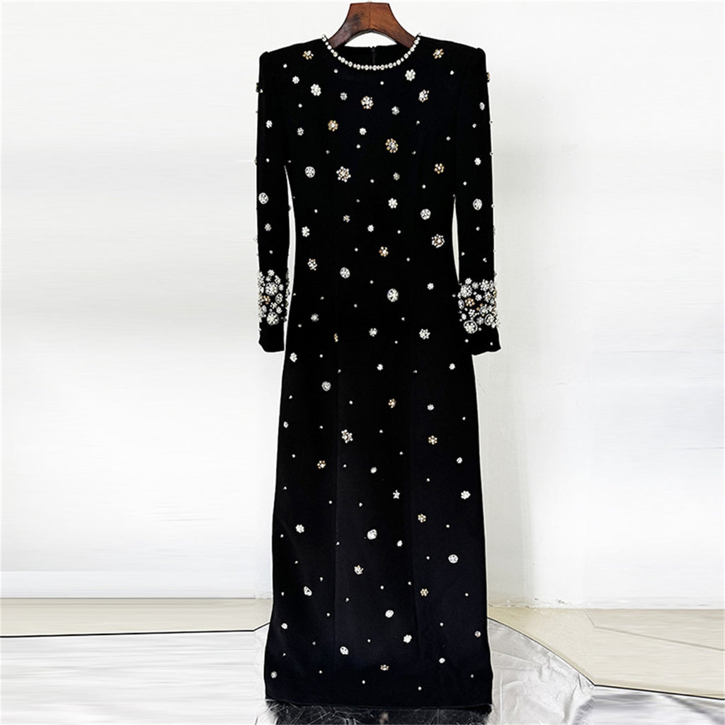 Elegant Beaded Cocktail Dress Crew Neck Slim Fit Midi Dress for Special Occasions