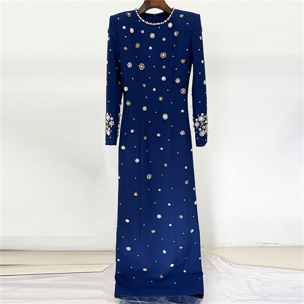 Elegant Beaded Cocktail Dress Crew Neck Slim Fit Midi Dress for Special Occasions