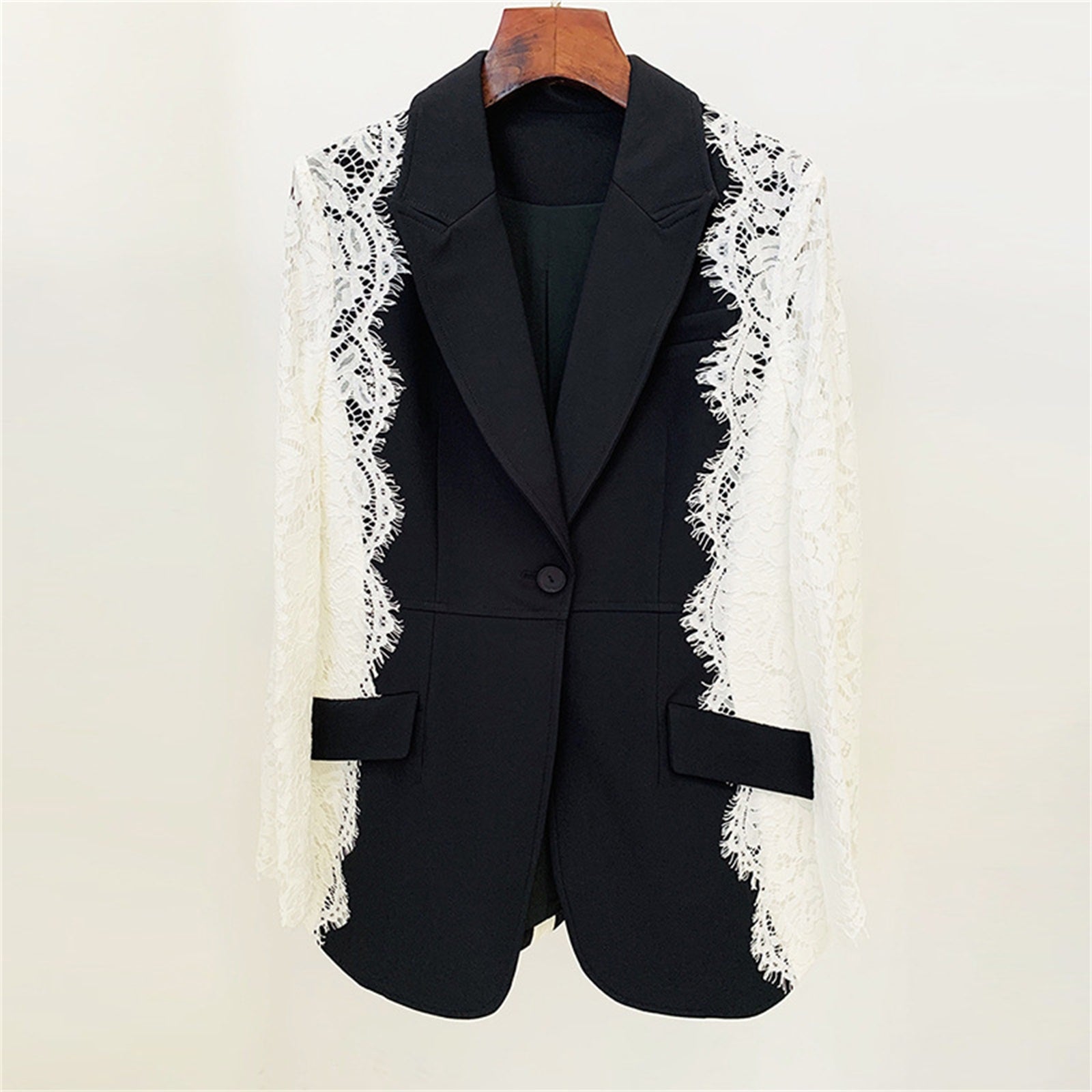 Platlogy Women Elegant Lace Patchwork Blazer Suit Slim Fit Formal Business Party Two Piece Outfit Secondary image