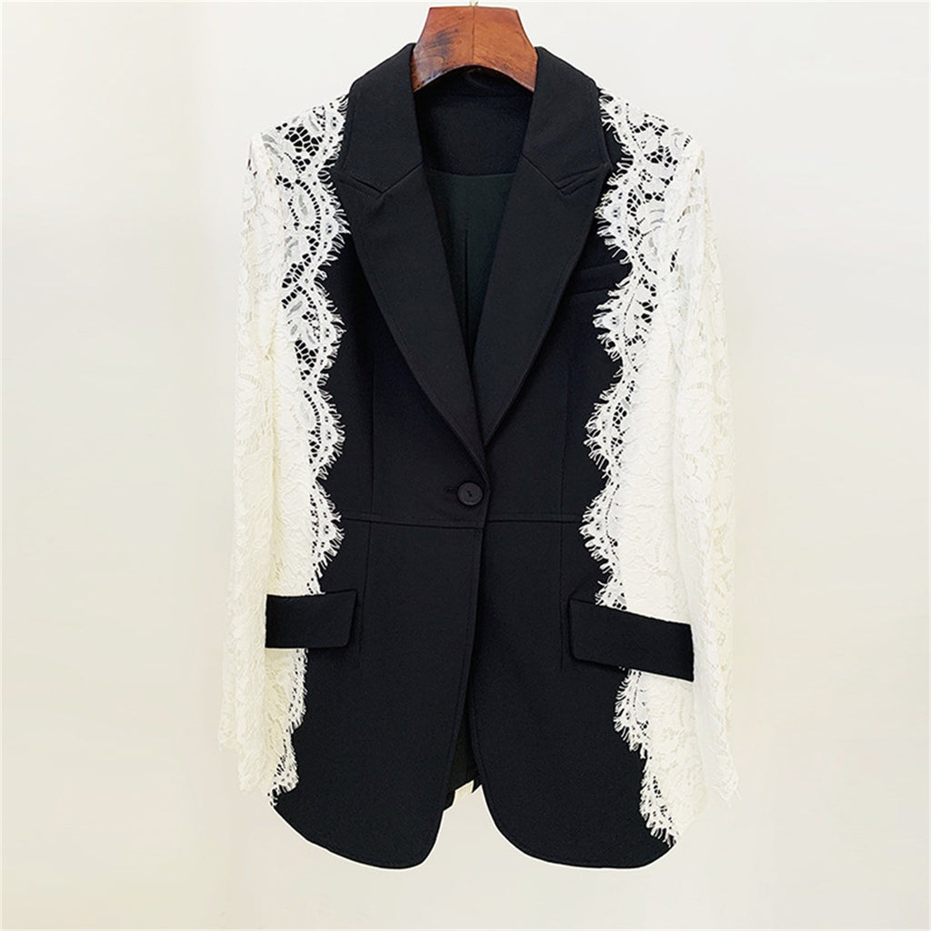 Platlogy Women Elegant Lace Patchwork Blazer Suit Slim Fit Formal Business Party Two Piece Outfit