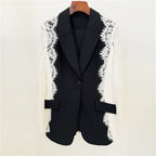 Platlogy Women Elegant Lace Patchwork Blazer Suit Slim Fit Formal Business Party Two Piece Outfit