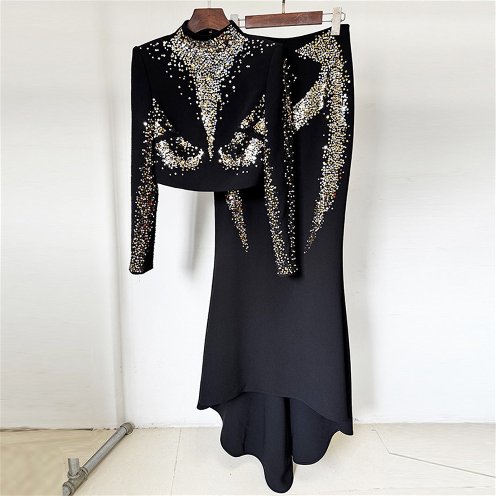 Platlogy Black Heavy Rhinestone Two Piece Evening Set Long Sleeve Cropped Top Asymmetrical Mermaid Skirt Formal Party Outfit