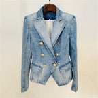 Platlogy Vintage Washed Denim Blazer Women Double Breasted Gold Button Slim Fit Lapel Jean Jacket Casual Business Outerwear