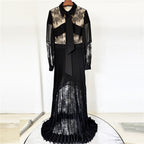 Platlogy Black Lace Patchwork Maxi Dress Bow Collar Long Sleeve Pleated Formal Evening Party Long Dresses