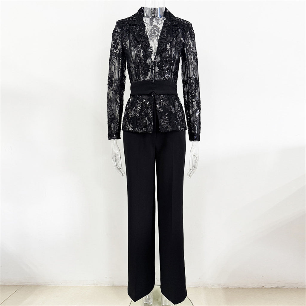 Platlogy Black Sequin Lace Blazer Straight Trouser 2 Piece Set Elegant Formal Women Pant Suit for Evening Party Business Occasions