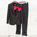 Platlogy Women White Polka Dot Suit Set With Red Bow Blazer And Straight Trousers 2 Piece Outfit For Work Party Daily Wear