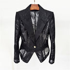 Platlogy Women Slim Fit Sheer Lace Blazer Single Button Padded Shoulder Formal Office Jacket