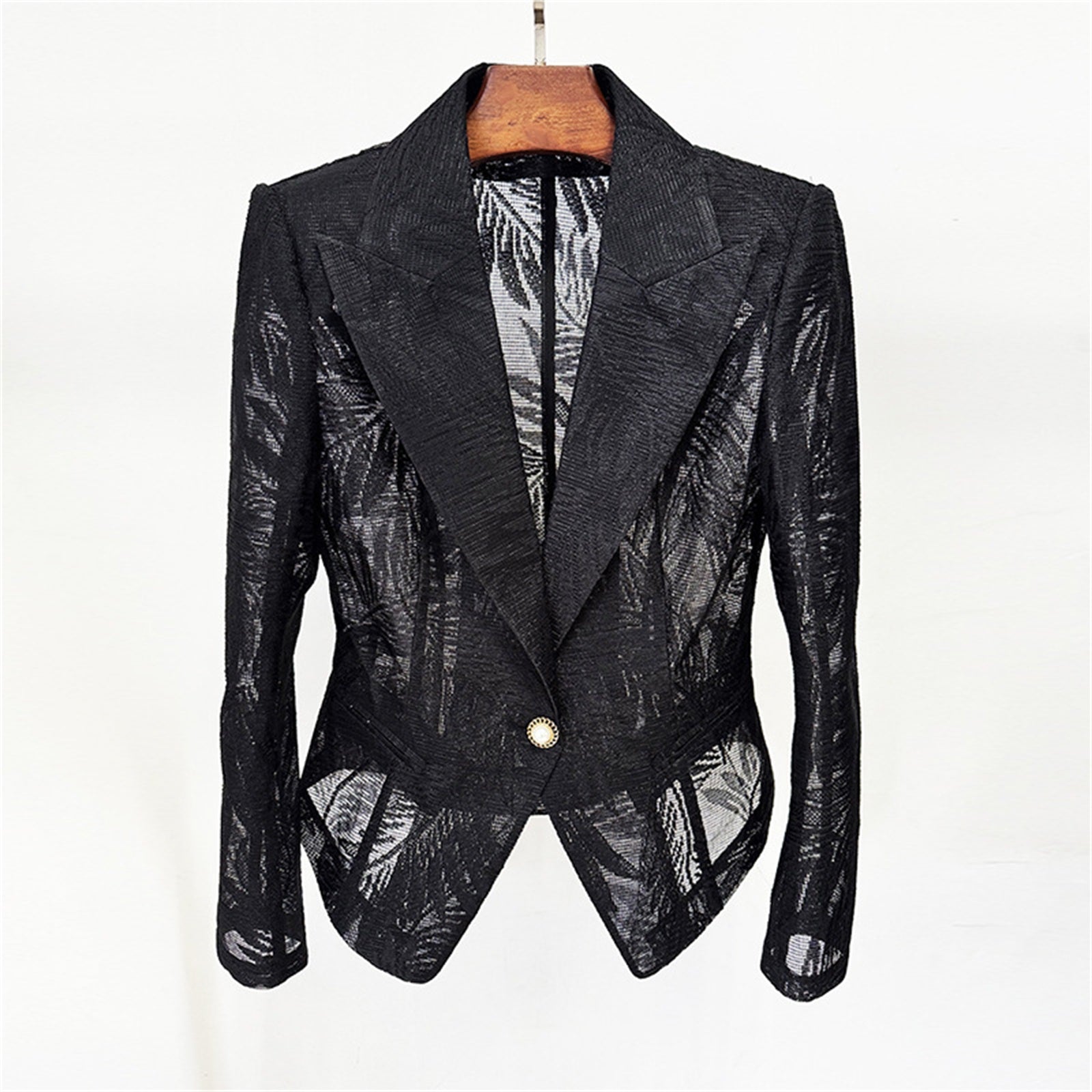 Platlogy Women Slim Fit Sheer Lace Blazer Single Button Padded Shoulder Formal Office Jacket