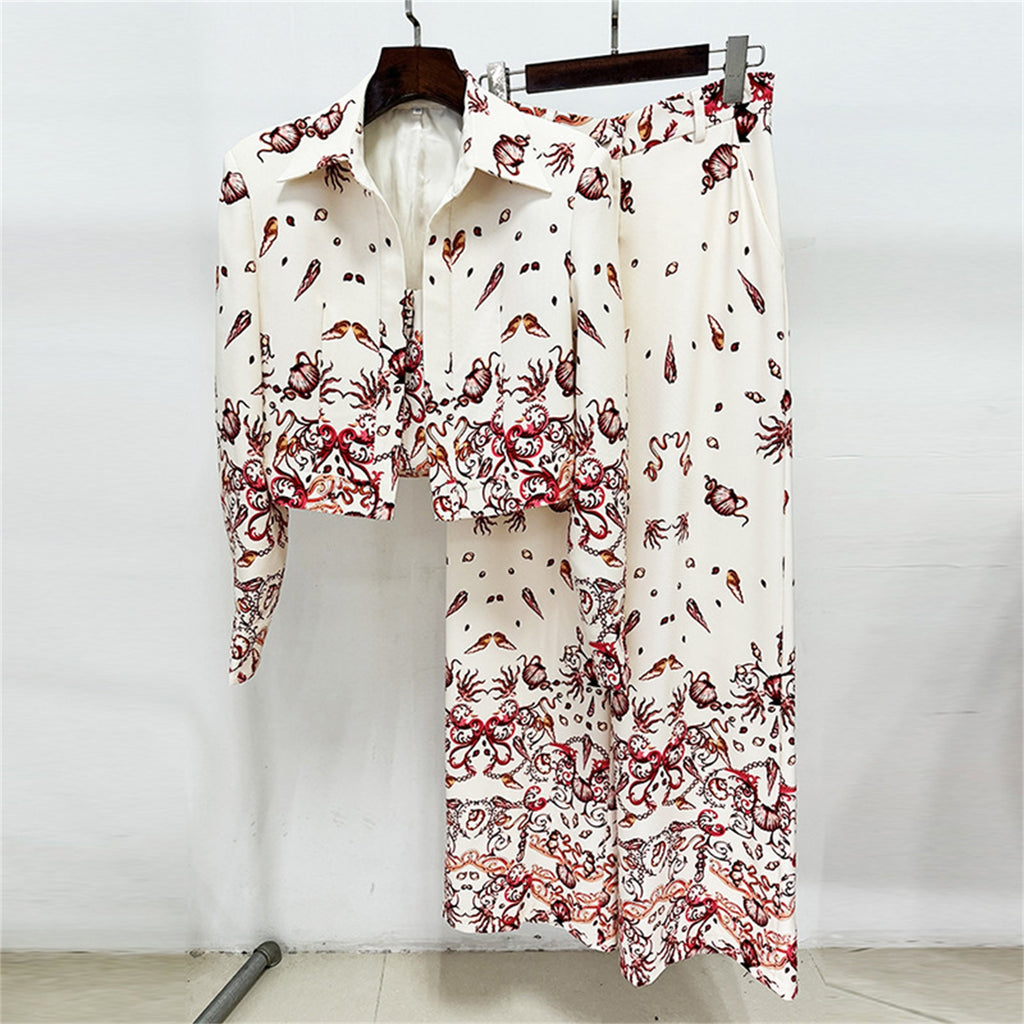 Platlogy Vintage Marine Print Three Piece Women Suit Cropped Blazer Cami Top Wide Leg Pants Elegant Casual Outfit Set