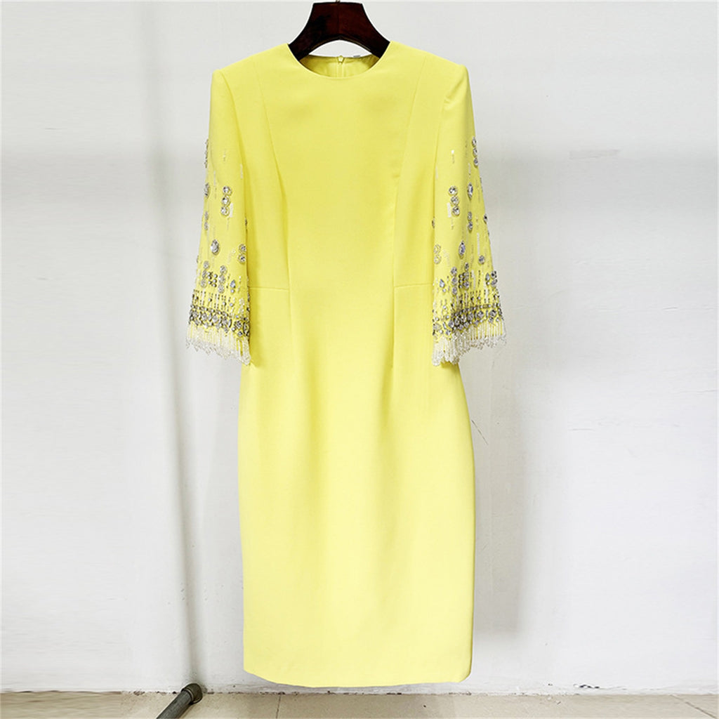Platlogy Bright Yellow Beaded Tassel Mid Sleeve Midi Dress Elegant Formal Party Cocktail Wedding Guest Dress