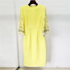 Platlogy Bright Yellow Beaded Tassel Mid Sleeve Midi Dress Elegant Formal Party Cocktail Wedding Guest Dress
