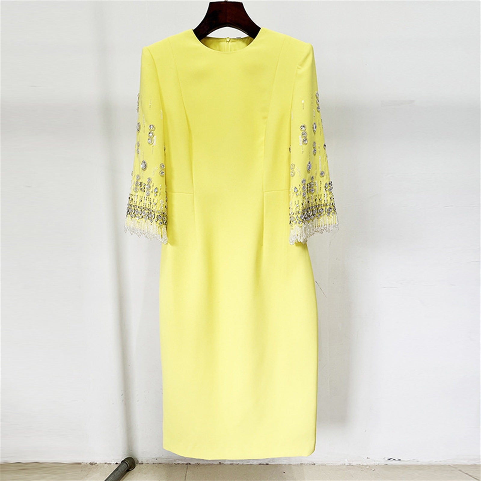 Platlogy Bright Yellow Beaded Tassel Mid Sleeve Midi Dress Elegant Formal Party Cocktail Wedding Guest Dress