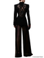 Platlogy Elegant Rhinestone Cutout Back Blazer Sheer Mesh Wide Leg Pants Formal Two Piece Women Suit