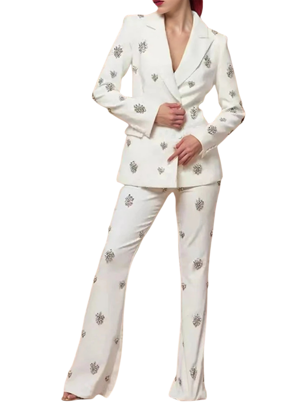 Rhinestone Embellished Blazer and Pants Two Piece Set for Women Formal Party Suit