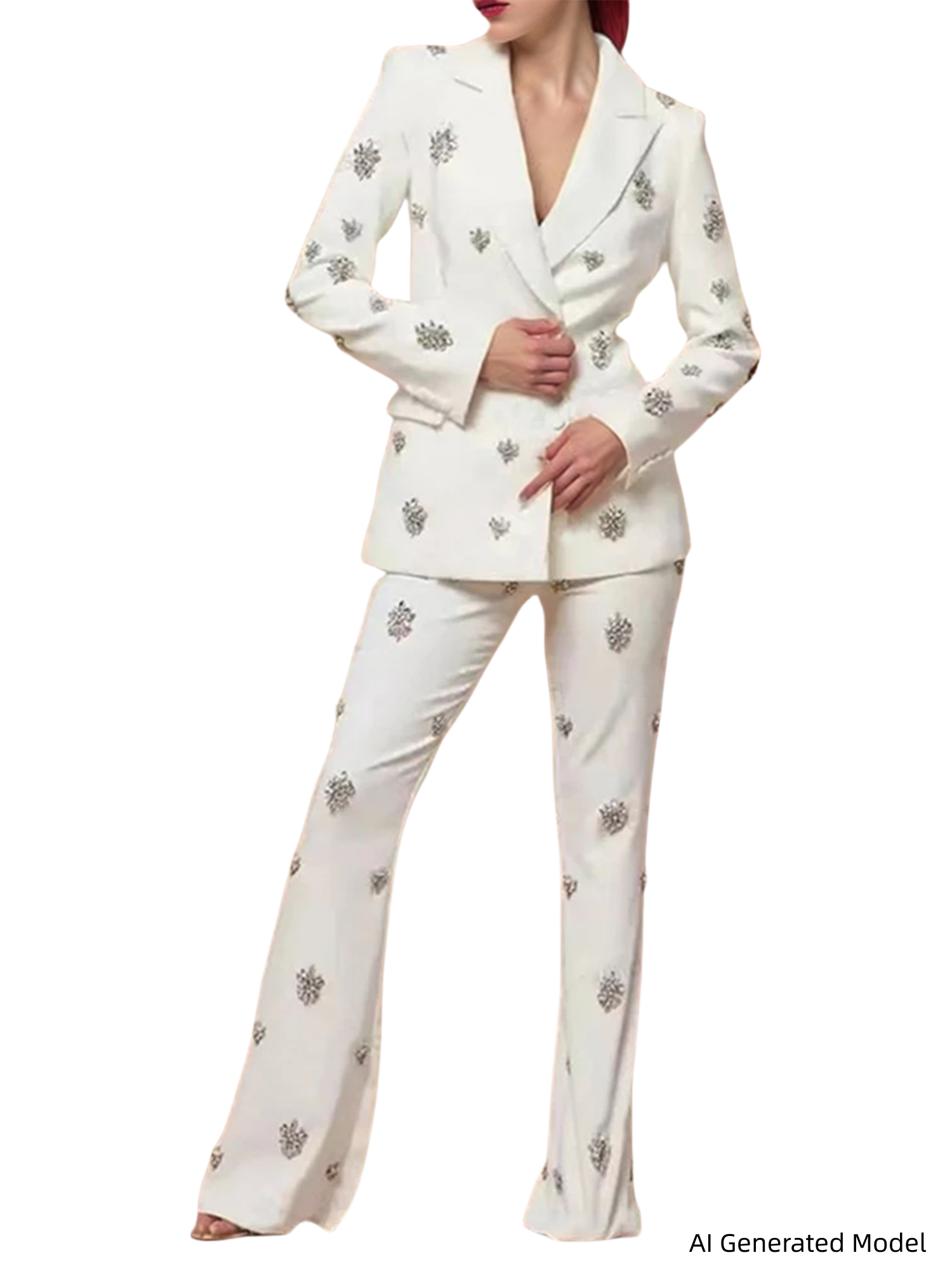 Platlogy Rhinestone Embellished Blazer and Pants Two Piece Set for Women Formal Party Suit Main image