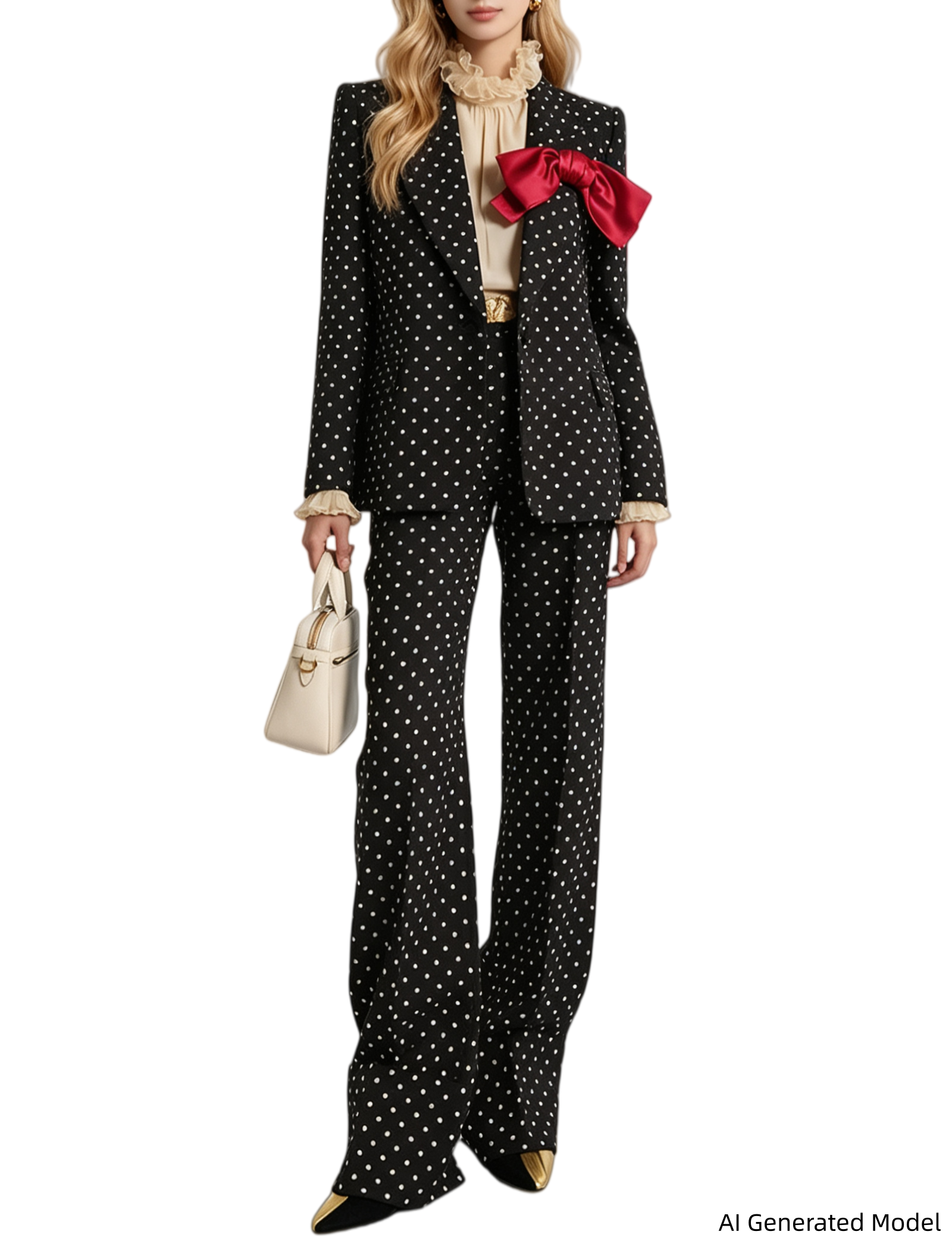 Platlogy Women White Polka Dot Suit Set With Red Bow Blazer And Straight Trousers 2 Piece Outfit For Work Party Daily Wear
