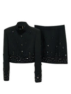 Womens Embellished 2 Piece Blazer Skirt Set High Neck Long Sleeve Formal Party Outfit