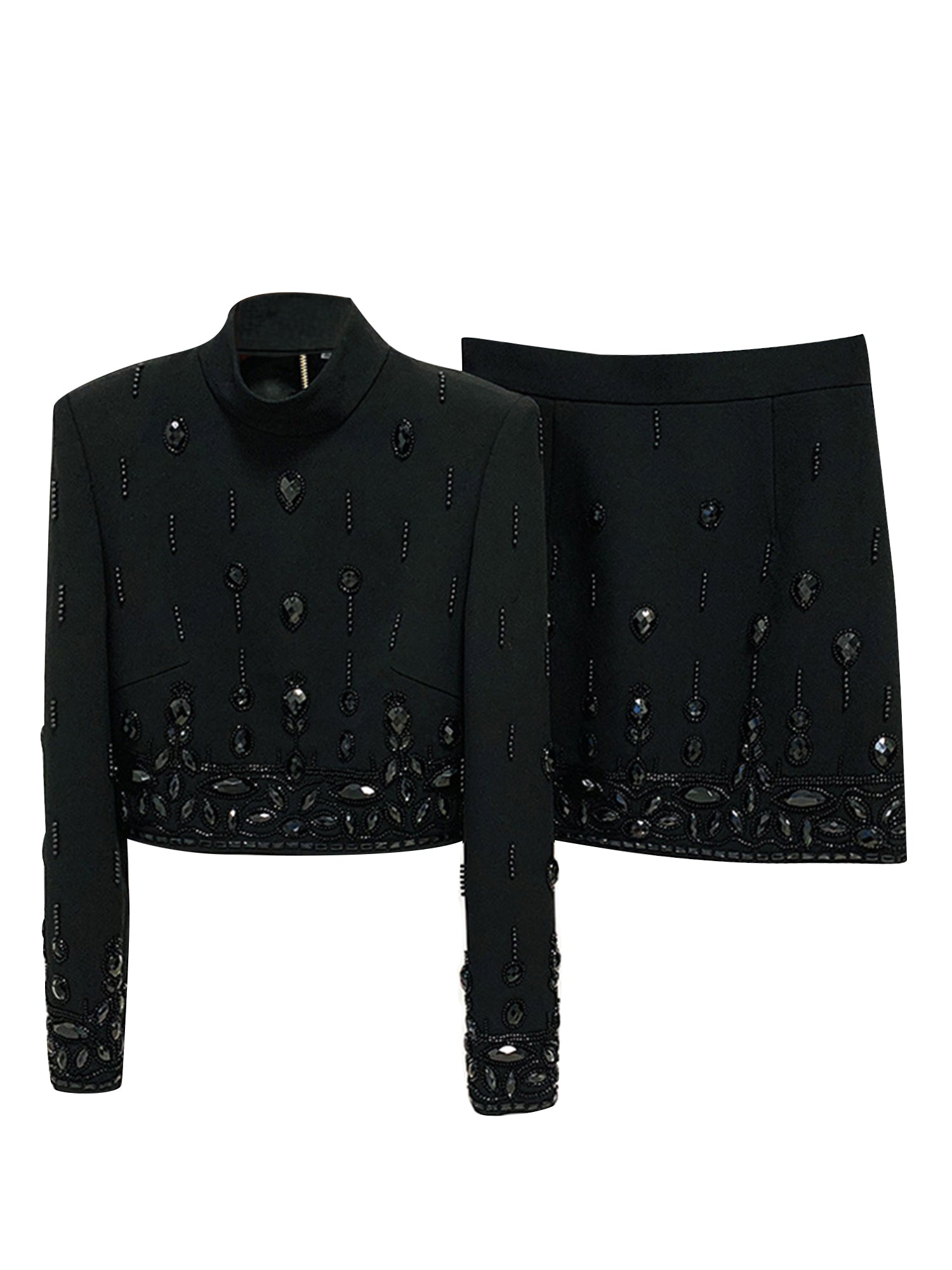 Womens Embellished 2 Piece Blazer Skirt Set High Neck Long Sleeve Formal Party Outfit