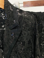 Platlogy Women's 2024 2 Pieces Suit Set Single Button Guipure Lace Sequined Blazer Jacket Pants Suit Outfit
