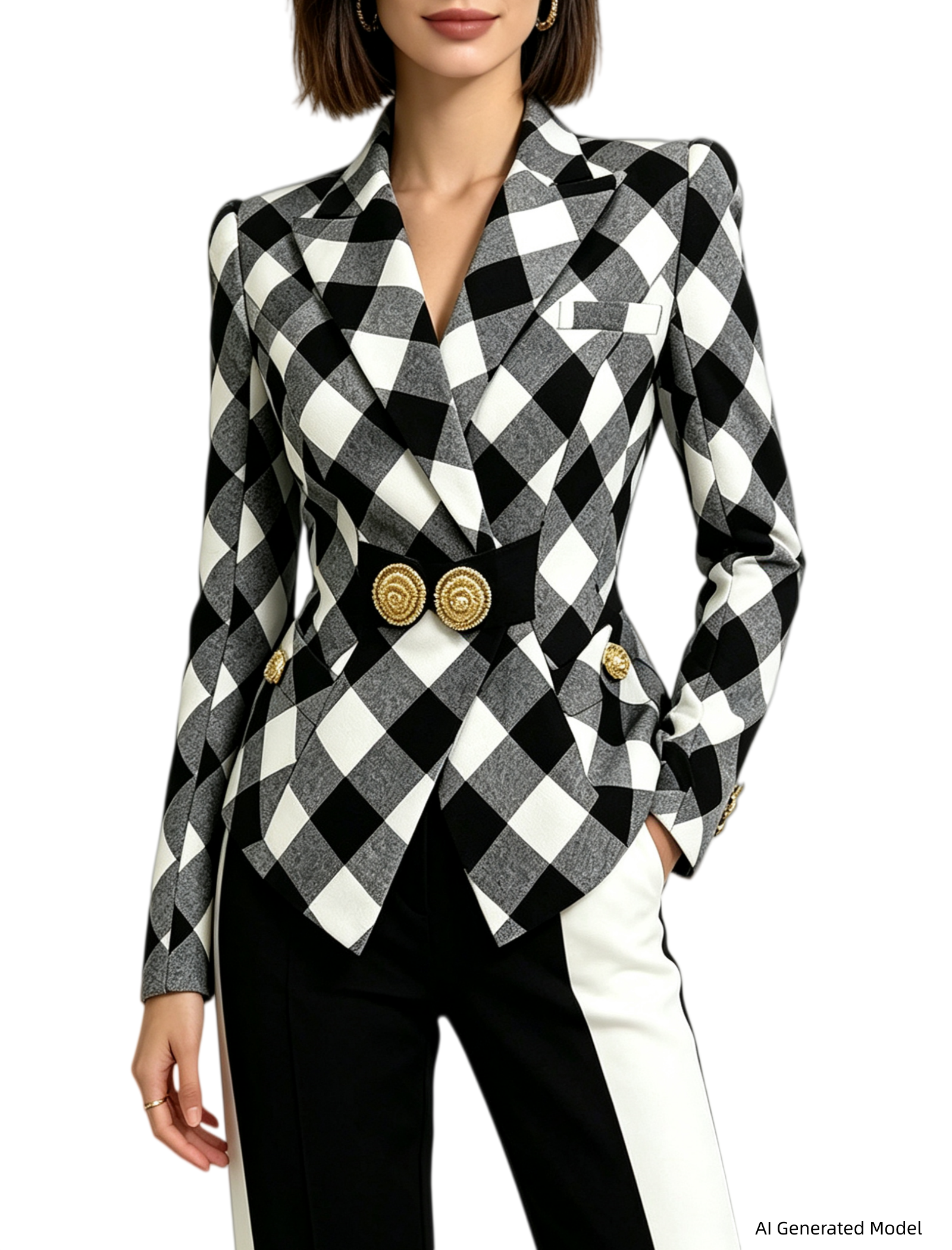 Platlogy Women Stylish Diamond Plaid Gold Button Tailored Blazer Elegant Office Casual Outerwear