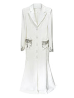 Embellished Cuff Maxi Blazer Dress Button Front Evening Party Dress