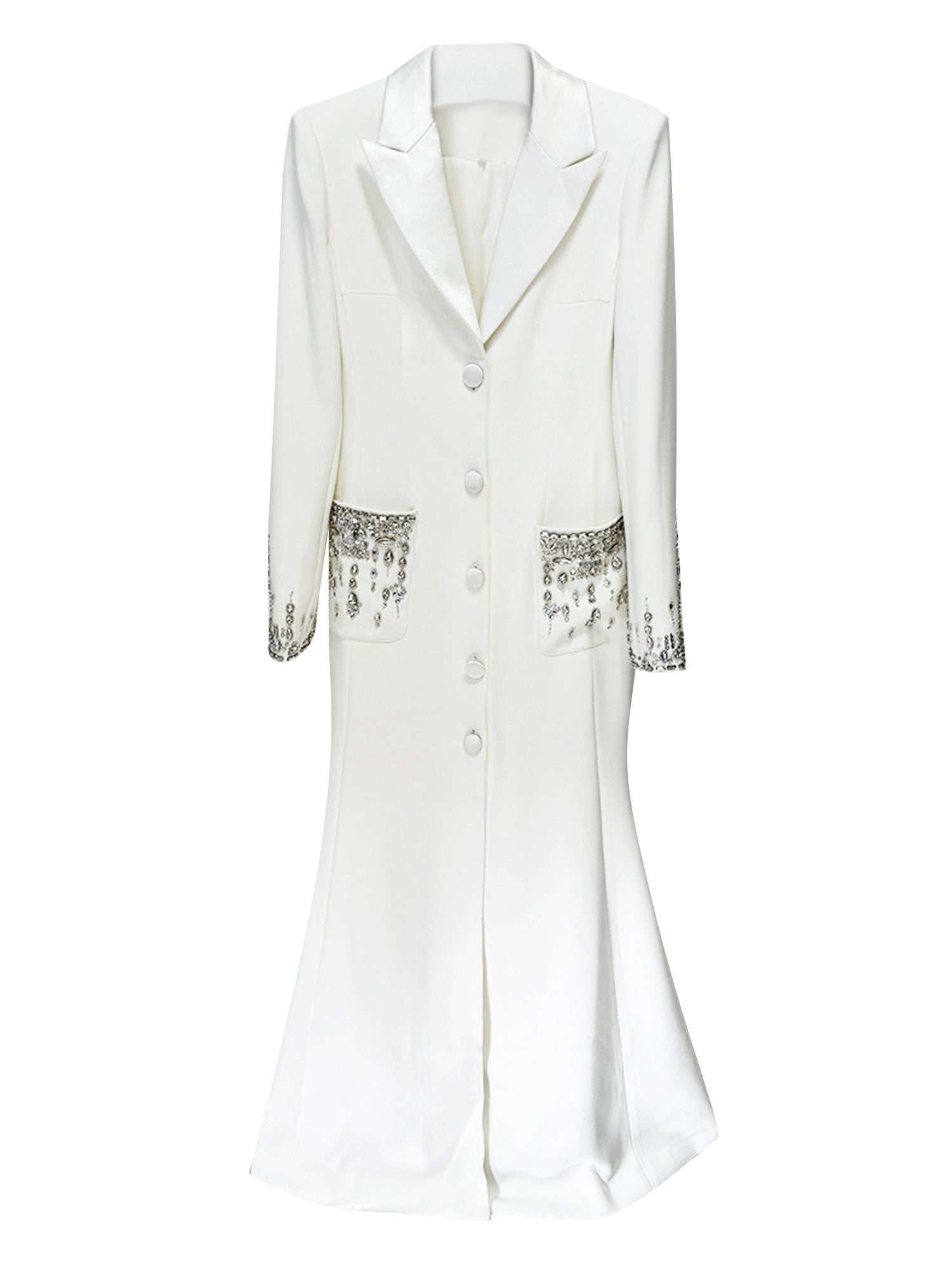 Embellished Cuff Maxi Blazer Dress Button Front Evening Party Dress