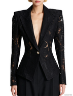 Platlogy Women Slim Fit Sheer Lace Blazer Single Button Padded Shoulder Formal Office Jacket